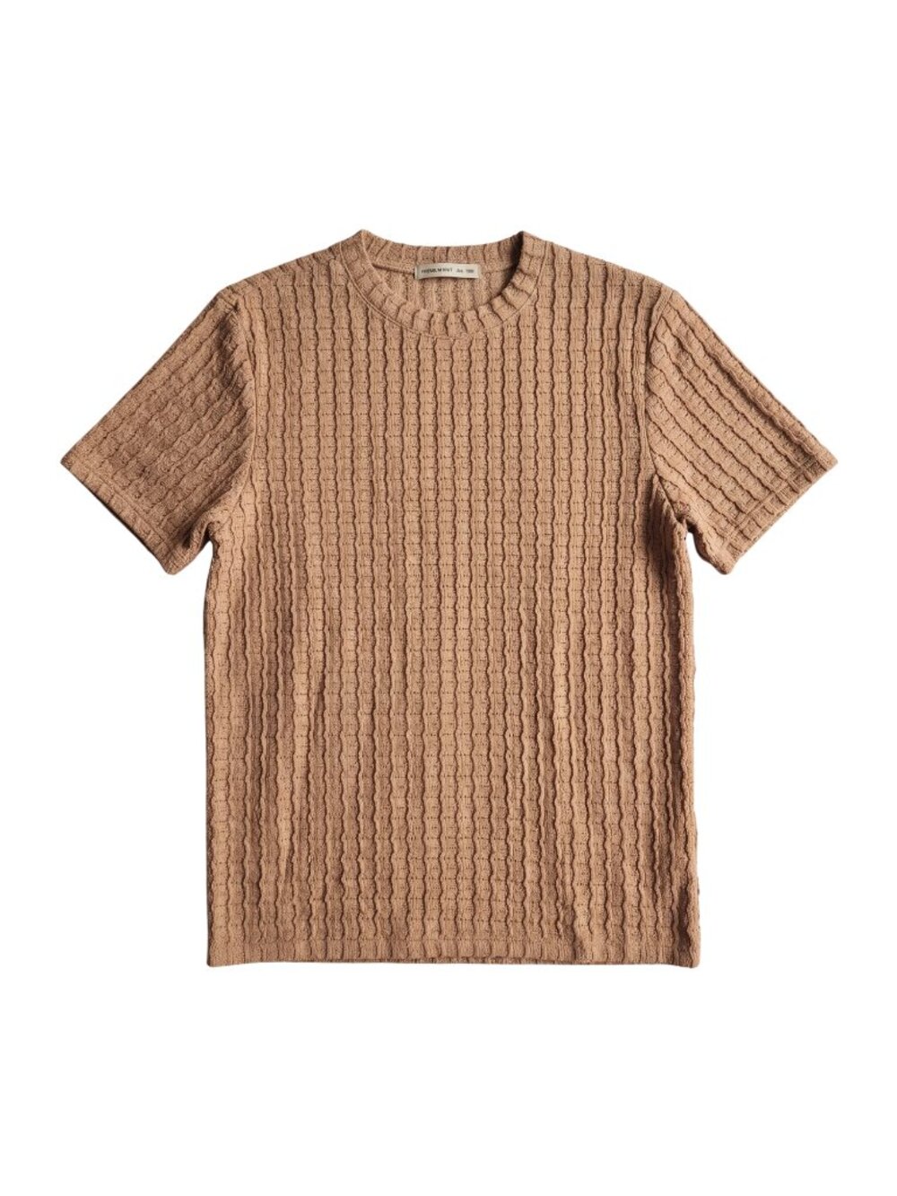 NWOT | Tan Textured Vertical Rib Knit Short Sleeve Crew Neck Top Soft | Medium